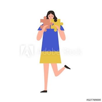 Cartoon girl combine puzzle finding right decision or idea vector flat illustration