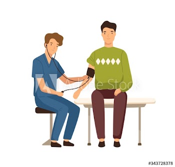 Cartoon guy visited doctor to measure blood pressure vector flat illustration