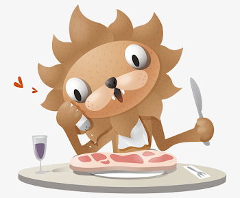 Cartoon Hand Painted Vector Eating Meat Steak Lion, Meat Clipart ...