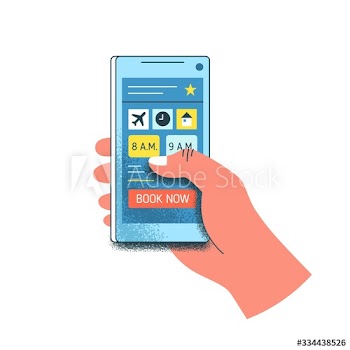 Cartoon human hand hold smartphone with button book now on screen isolated on white