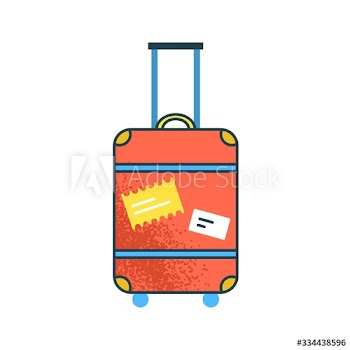 Cartoon large orange suitcase with handle vector flat illustration
