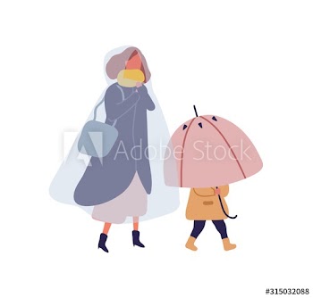 Cartoon little kid holding umbrella walking under rain with mother