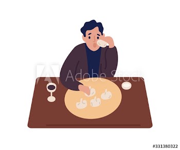 Cartoon male eat khinkali and drink wine sitting at table vector flat illustration