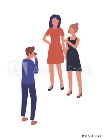 Cartoon male photographer shooting two female model vector flat illustration