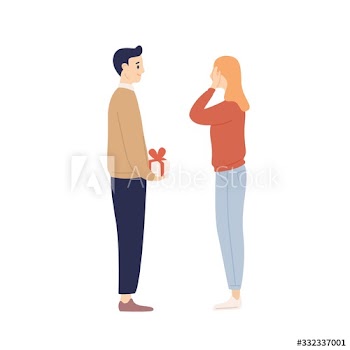 Cartoon man holding gift box standing in front of girl with closed eyes by hands vector flat illustration