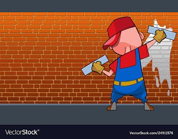 Cartoon man with two rollers paints a brick wall vector image