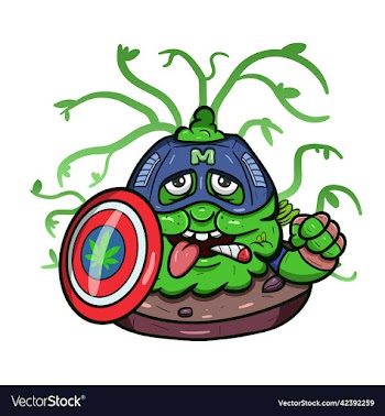 cartoon mascot of green weed bud with shield