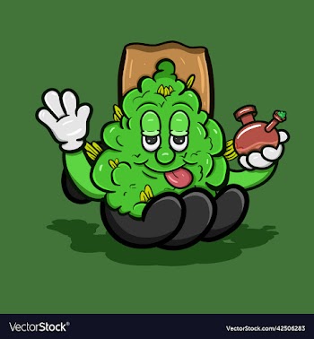 cartoon mascot of weed bud with glass bong