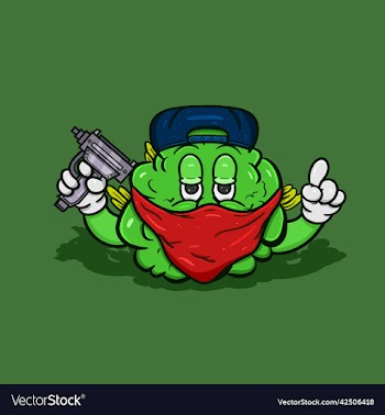 cartoon mascot of weed bud with gun and mafia