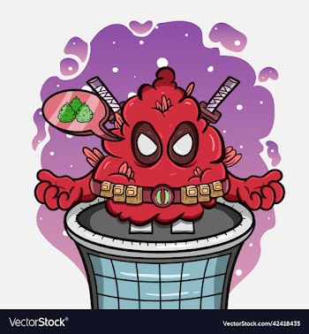 cartoon mascot of weed bud with red superhero