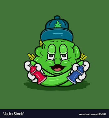 cartoon mascot of weed bud with spray paint