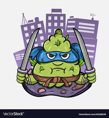 cartoon mascot of weed bud with two swords