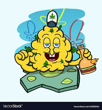 cartoon mascot of yellow weed bud with glass bong