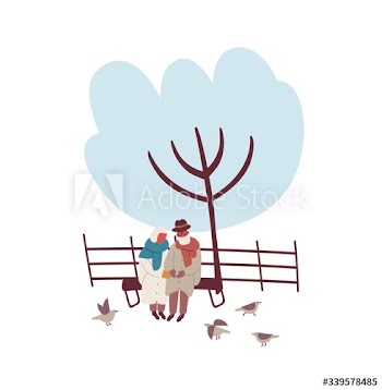 Cartoon mature couple sitting on bench at winter park vector flat illustration