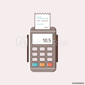Cartoon payment machine with paper receipt vector flat illustration