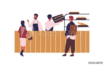 Cartoon people shopping at bakery buying fresh bread vector flat illustration