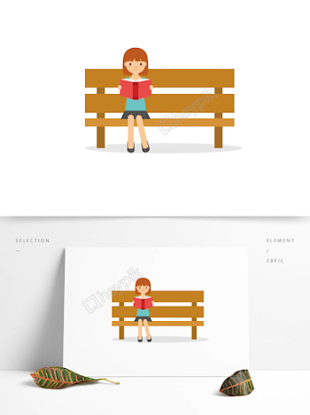 Cartoon quiet girl sitting park bench reading book image - PNG ...