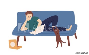 Cartoon relaxed man use laptop surfing internet vector flat illustration