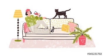 Cartoon relaxed woman drinking wine alone lying on couch at home vector flat illustration