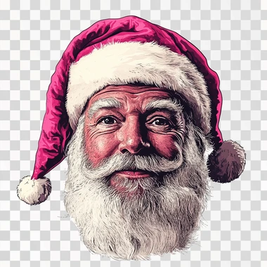 cartoon santa, face only, wearing a hot pink coloured santa 