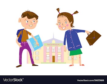 cartoon schoolboy and schoolgirl on way