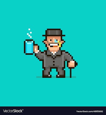 cartoon smiling gentleman with monocle and cup