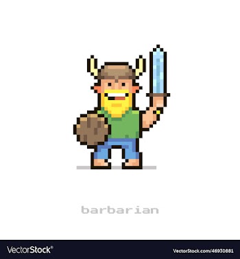 cartoon smiling viking holds an axe and a shield