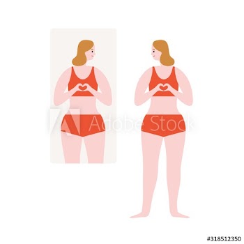 Cartoon smiling woman looking at mirror vector flat illustration