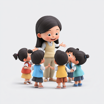 Cartoon Style Asian Female Teacher Engaging with Children