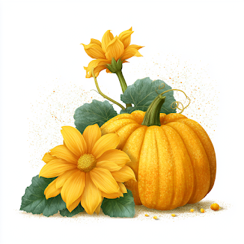 Cartoon Style Pumpkin and Flower on White Background