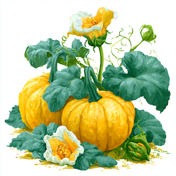 Cartoon Style Yellow Pumpkins and Flowers