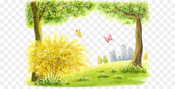 Cartoon Watercolor painting Landscape Illustration - Cartoon golden trees and butterflies 