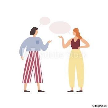 Cartoon woman friend talking with speech bubbles vector flat illustration