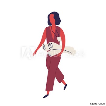Cartoon woman wearing badge holding paper roll vector flat illustration