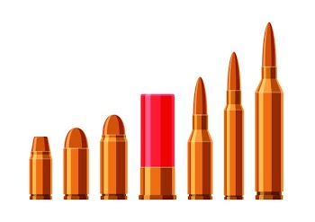 Cartridges vector set. A collection of bullets isolated on white background. Weapon ammo types and size in flat style. Vector illustration
