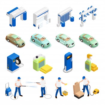 Carwash icons set with automatic car wash symbols isometric isolated Free Vector