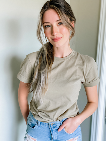 Casual Instagram Influencer in Light Khaki Top and Ripped Jeans
