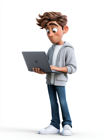 Casual Man Using MacBook in Pixar Style