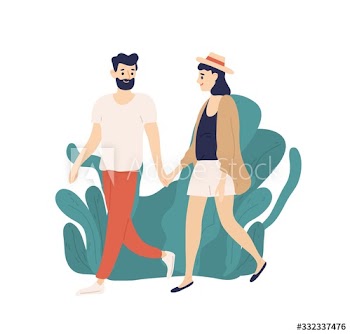 Casual young couple walking holding hands outdoors vector flat illustration