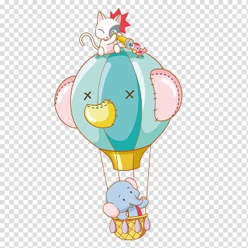 Cat and elephant riding hot-air balloon illustration, Cartoon Animal , Elephant Cat Hot Air Balloon transparent background PNG clipart
