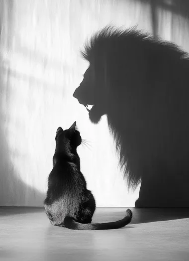 Cat and Lion Shadow Play: Surreal Studio Photography in Monochrome Cat and Lion Shadow Play: Surreal Studio Photography in Monochrome