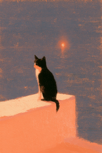 Cat by the Sea at Sunset