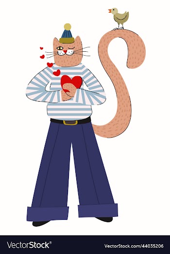 cat holding a heart in striped jumper and