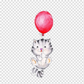 Cat holding red balloon illustration, Hot air balloon Painting Illustration, Hand painted a balloon with a cat transparent background PNG clipart