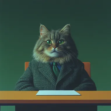 Cat in business suit with emerald eyes sitting in stylish living room Cat in business suit with emerald eyes sitting in stylish living room