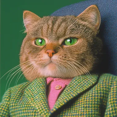 Cat in green suit and pink tie sitting on chair in stylish living room Cat in green suit and pink tie sitting on chair in stylish living room