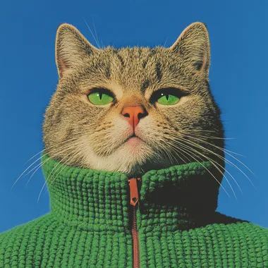 Cat in green sweater sits on chair in stylish home office setting Cat in green sweater sits on chair in stylish home office setting