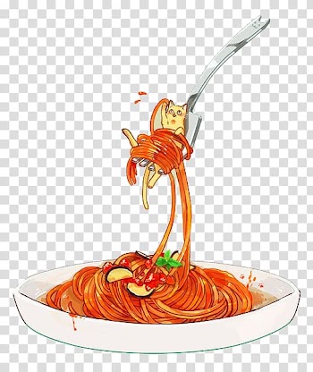 Cat in spaghetti illustration, Doughnut Pasta Mie ayam Italian cuisine Spaghetti with meatballs, Fork and noodles transparent background PNG clipart