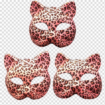 Cat Mask updated, three pink-and-black leopard print masks transparent background PNG clipart