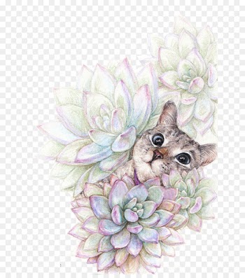 Cat Succulent plant Watercolor painting Colored pencil Illustration - Cute cat 